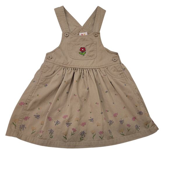 Carter’s Girls 4T Khaki Floral Embroidered Overall Jumper Dress 100% Cotton - Picture 1 of 13